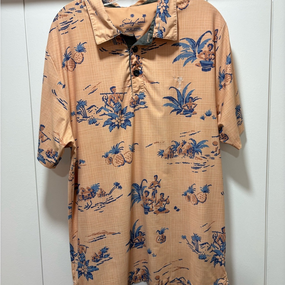 Sunday Crew Polo Shirt Size Large Orange Culture Hawaiian UPF 50 Casual Tropical